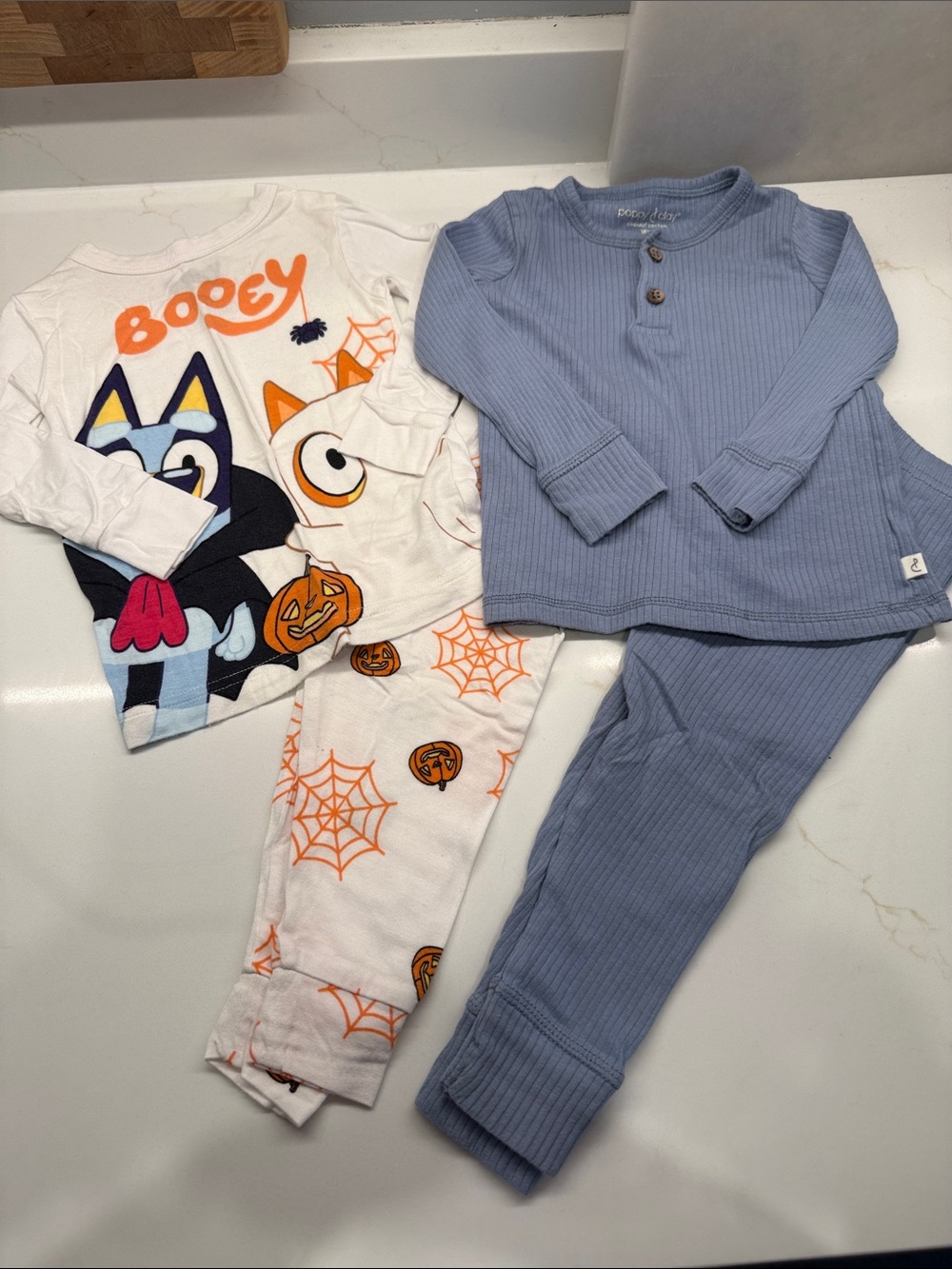 Set of 2 Two-Piece Pajama Sets: Halloween Bluey, and Ribbed Henley (Runs small!)